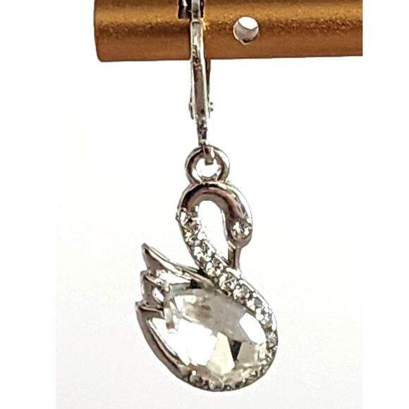 Swan Drop Earrings Rhinestone and Faux Diamond Dainty Pretty - Picture 3 of 4